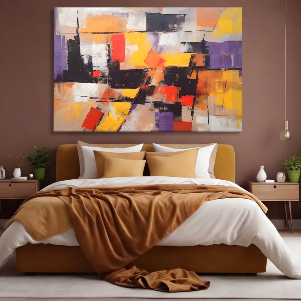 Tablou canvas cu tablou canvas cu compozitie abstracta, fara rama, pe sasiu de lemn, pe perete intr-un dormitor